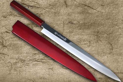 Sakai Takayuki AIDU-NURI Art Mirrored Ginsan Japanese Chef's Yanagiba(Sashimi) 300mm with Japanese Urushi Lacquered Handle and Saya Sheath [RED-TAMAMUSHI] 