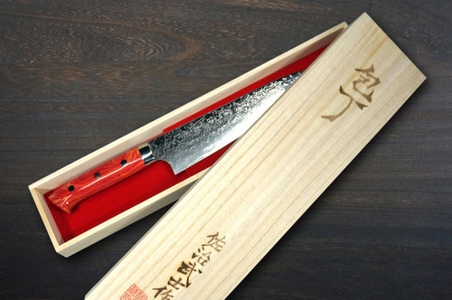 Takeshi Saji R2 Diamond Finish Damascus TCR Japanese Chef's Gyuto Knife 210mm with Red-Yellow Turquoise Handle 