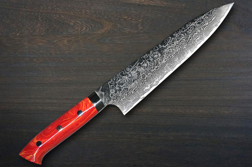 Takeshi Saji R2 Diamond Finish Damascus TCR Japanese Chef's Gyuto Knife 180mm with Red-Yellow Turquoise Handle 