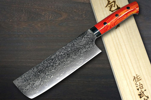 Takeshi Saji R2 Diamond Finish Damascus TCR Japanese Chef's Nakiri(Vegetable) 170mm with Red-Yellow Turquoise Handle 