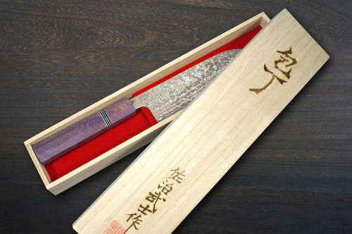Takeshi Saji VG10W Colored Damascus Nashiji STW Japanese Chef's Santoku Knife 170mm with Stabilized Hybrid Wood Handle 