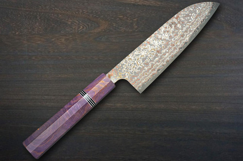Takeshi Saji VG10W Colored Damascus Nashiji STW Japanese Chef's Santoku Knife 170mm with Stabilized Hybrid Wood Handle 
