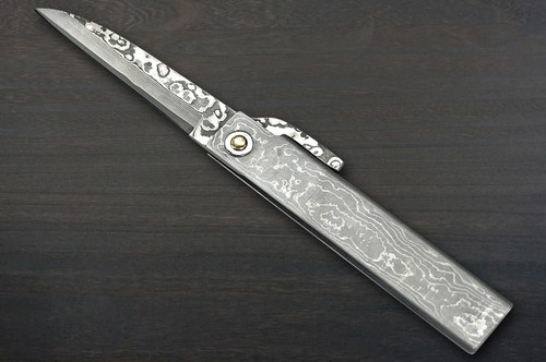 Takeshi Saji Higonokami Folding VG10 Black Damascus Petty Knife(Utility) 80mm with Damascus Metal Handle No.3 
