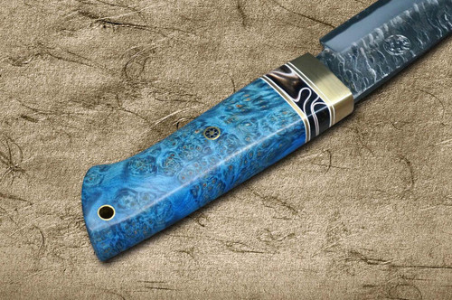 Daisuke Nishida Shirogami No.1 Damascus Japanese Chef's Petty Knife(Utility) 115mm with Stabilized Burl Birch Handle [Gray-Blue] 