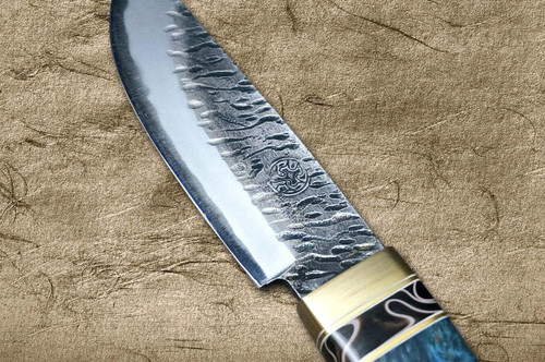 Daisuke Nishida Shirogami No.1 Damascus Japanese Chef's Petty Knife(Utility) 115mm with Stabilized Burl Birch Handle [Gray-Blue] 