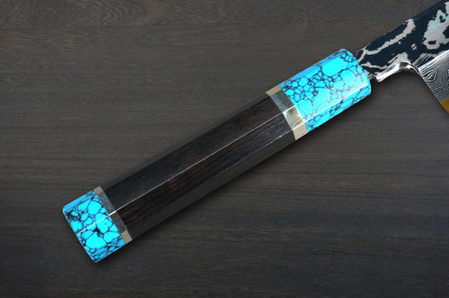 Keiichi Fujii HEKIRYUSHI Aogniko Black Damascus Japanese Chef's Kamagata-Usuba(Vegetable) 210mm with Double Blue Turquoise & Ebony Handle 