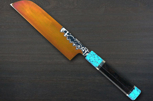 Keiichi Fujii HEKIRYUSHI Aogniko Black Damascus Japanese Chef's Kamagata-Usuba(Vegetable) 210mm with Double Blue Turquoise & Ebony Handle 