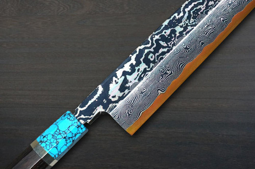 Keiichi Fujii HEKIRYUSHI Aogniko Black Damascus Japanese Chef's Kamagata-Usuba(Vegetable) 210mm with Double Blue Turquoise & Ebony Handle 