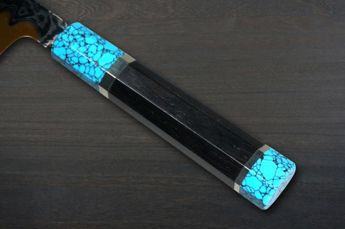 Keiichi Fujii HEKIRYUSHI Aogniko Black Damascus Japanese Chef's Kamagata-Usuba(Vegetable) 210mm with Double Blue Turquoise & Ebony Handle 