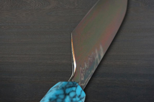 Keiichi Fujii HEKIRYUSHI Aogniko Black Damascus Japanese Chef's Kamagata-Usuba(Vegetable) 210mm with Double Blue Turquoise & Ebony Handle 