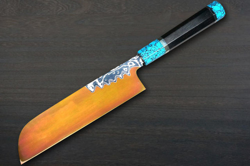 Keiichi Fujii HEKIRYUSHI Aogniko Black Damascus Japanese Chef's Kamagata-Usuba(Vegetable) 210mm with Double Blue Turquoise & Ebony Handle 
