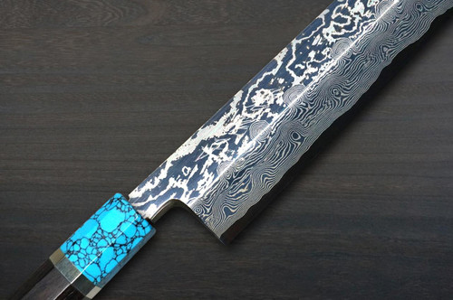 Keiichi Fujii HEKIRYUSHI Aogniko Black Damascus Japanese Chef's Usuba(Vegetable) 210mm with Double Blue Turquoise & Ebony Handle 