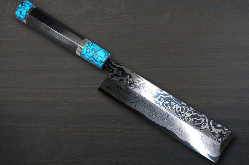 Keiichi Fujii HEKIRYUSHI Aogniko Black Damascus Japanese Chef's Usuba(Vegetable) 210mm with Double Blue Turquoise & Ebony Handle 