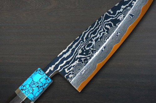 Keiichi Fujii HEKIRYUSHI Aogniko Black Damascus Japanese Chef's Deba Knife 150mm with Double Blue Turquoise & Ebony Handle 