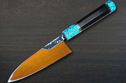 Keiichi Fujii HEKIRYUSHI Aogniko Black Damascus Japanese Chef's Deba Knife 150mm with Double Blue Turquoise & Ebony Handle 