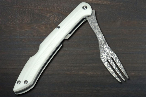 Takeshi Saji Folding R2(SG2) Black Damascus Fork 88mm with White Micarta Handle 