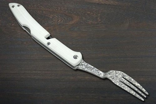 Takeshi Saji Folding R2(SG2) Black Damascus Fork 88mm with White Micarta Handle 