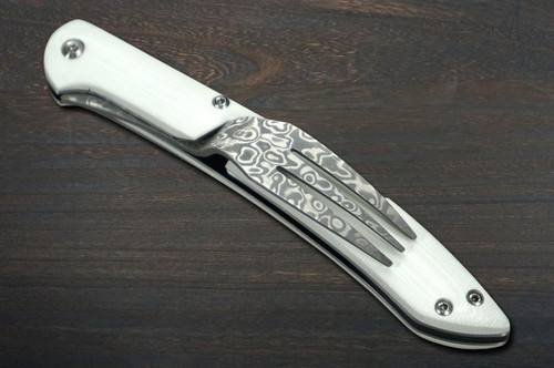 Takeshi Saji Folding R2(SG2) Black Damascus Fork 88mm with White Micarta Handle 