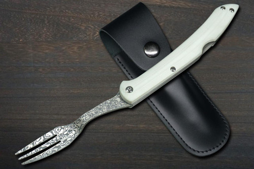 Takeshi Saji Folding R2(SG2) Black Damascus Fork 88mm with White Micarta Handle 