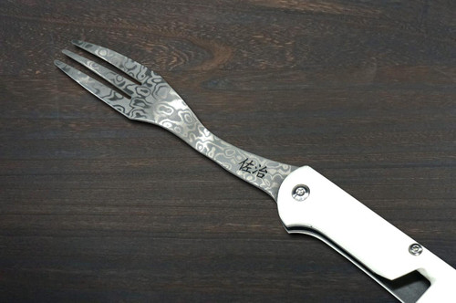 Takeshi Saji Folding R2(SG2) Black Damascus Fork 88mm with White Micarta Handle 