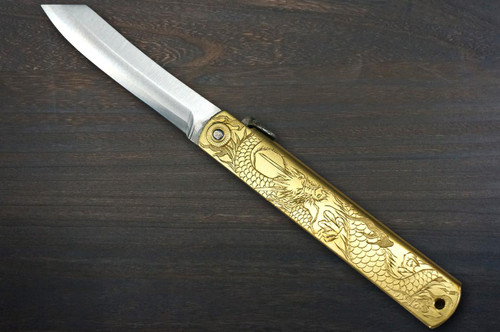 HIGONOKAMI Nagao Kanekoma Aogami Engraving Folding Kritsuke-Petty Knife(Utility) 90mm with Golden Brass Handle [Holy Beasts - SEIRYU] 