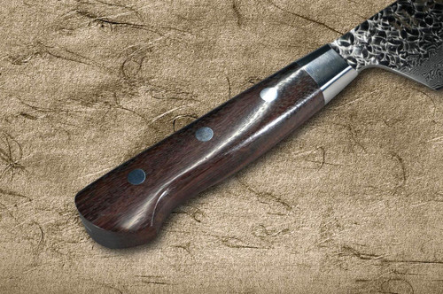Sakai Takayuki SPG2 Damascus Hammered IRN Japanese Chef's Kengata-Santoku Knife 160mm with Desert Ironwood Handle 