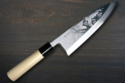 Sakai Takayuki Kasumitogi Buffalo Tsuba Engraving Art Japanese Chef's Deba Knife 210mm Maizuru(Japanese Crane) Scene 2 