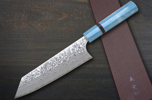Yoshimi Kato R2 Black Damascus STWA Japanese Chef's Bunka Knife 170mm with Stabilized Hybrid Wood Handle [Blue - Red&Black Rings] 