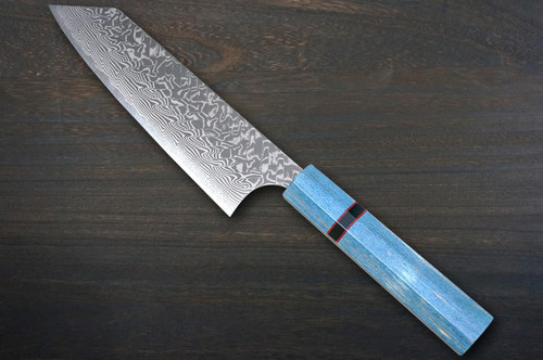 Yoshimi Kato R2 Black Damascus STWA Japanese Chef's Bunka Knife 170mm with Stabilized Hybrid Wood Handle [Blue - Red&Black Rings] 