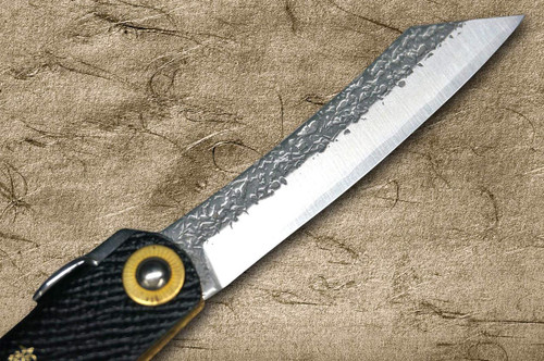 HIGONOKAMI Nagao Kanekoma VG10 Kurouchi Hammered LTH Folding Kritsuke-Petty Knife(Utility) 72mm with Leather Handle BLACK 