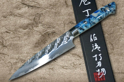 Takeshi Saji SPG-STRIX Mirror Hammered RC Japanese Chef's Petty Knife(Utility) 130mm with Resin Custom Handle [Blue-White] 