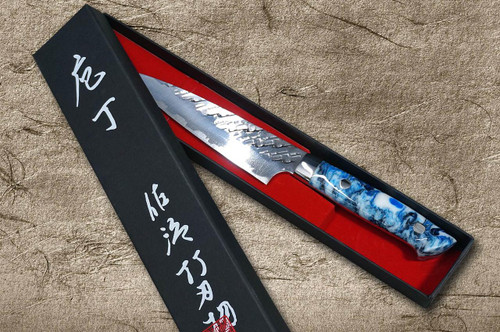 Takeshi Saji SPG-STRIX Mirror Hammered RC Japanese Chef's Petty Knife(Utility) 130mm with Resin Custom Handle [Blue-White] 