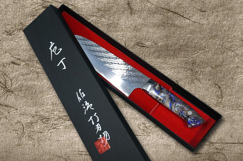 Takeshi Saji SPG-STRIX Mirror Hammered RC Japanese Chef's Santoku Knife 180mm with Resin Custom Handle [Black-Purple] 