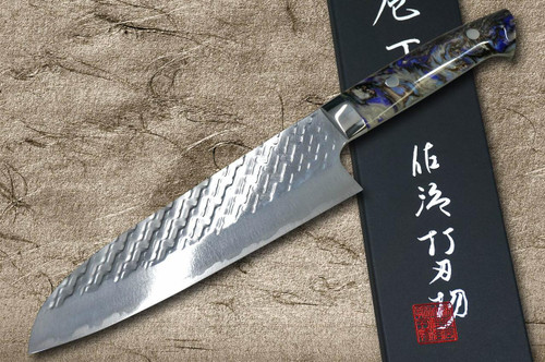 Takeshi Saji SPG-STRIX Mirror Hammered RC Japanese Chef's Santoku Knife 180mm with Resin Custom Handle [Black-Purple] 