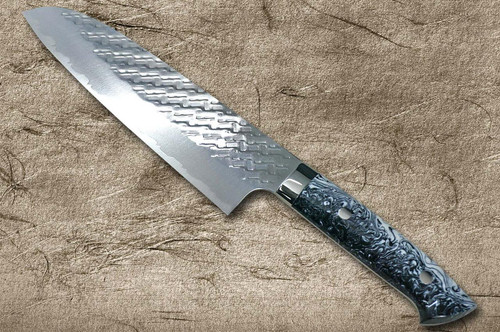 Takeshi Saji SPG-STRIX Mirror Hammered RC Japanese Chef's Santoku Knife 180mm with Resin Custom Handle [Black-White] 