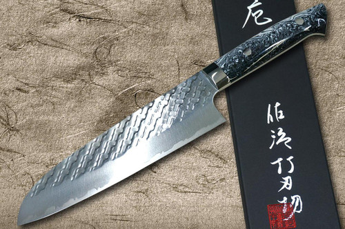 Takeshi Saji SPG-STRIX Mirror Hammered RC Japanese Chef's Santoku Knife 180mm with Resin Custom Handle [Black-White] 