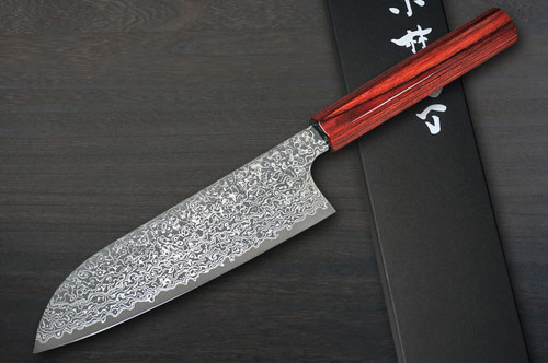 Kei Kobayashi R2 Black Damascus Super Finish CS Japanese Chef's Santoku Knife 170mm with Red Lacquered Wood Handle 