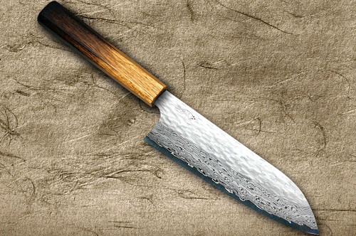 Nigara VG-XEOS Damascus Hammered OK8B Japanese Chef's Santoku Knife 180mm with Urushi Lacquered Oak Handle