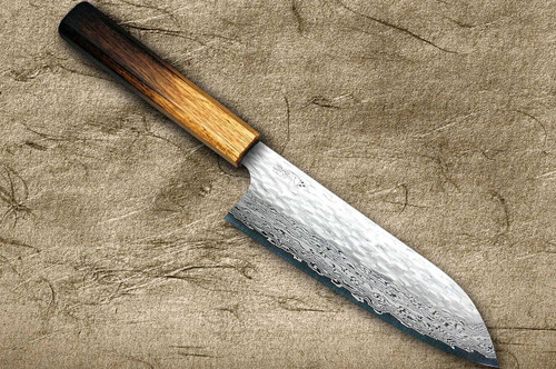 Nigara VG-XEOS Damascus Hammered OK8B Japanese Chef's Santoku Knife 180mm with Urushi Lacquered Oak Handle 
