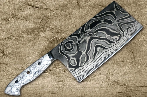 Keiichi Fujii AUS10 Nickel Damascus Custom TC Japanese Chef's Chinese Cooking Knife 200mm with White Turquoise Handle