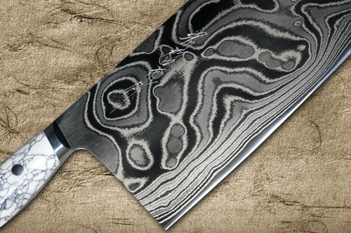 Keiichi Fujii AUS10 Nickel Damascus Custom TC Japanese Chef's Chinese Cooking Knife 200mm with White Turquoise Handle