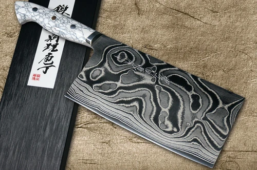 Keiichi Fujii AUS10 Nickel Damascus Custom TC Japanese Chef's Chinese Cooking Knife 200mm with White Turquoise Handle 