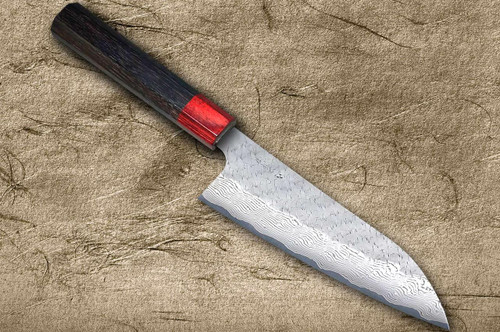 Nigara SPG-STRIX Damascus Hammered RS8R Japanese Chef's Santoku Knife 180mm with Red-Ring Rosewood Handle 