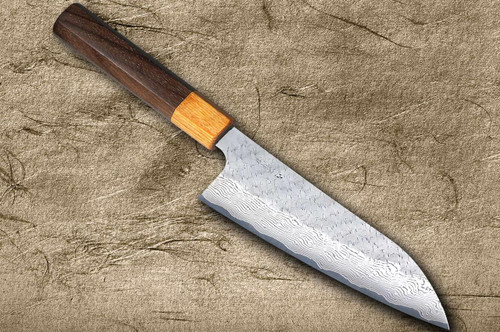 Nigara SPG-STRIX Damascus Hammered RS8M Japanese Chef's Santoku Knife 180mm with Light-Brown-Ring Rosewood Handle 