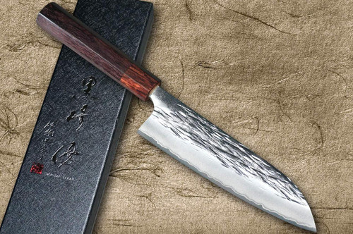 Yu Kurosaki R2(SG2) Hammered JUHYO WA RS8H Japanese Chef's Santoku Knife 170mm with Brown-Ring Octagonal Handle 