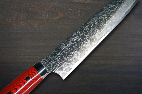 Takeshi Saji R2 Diamond Finish Damascus MCRB-NNM Japanese Chef's Slicer(Sujihiki) 270mm with Dark-Red Micarta Handle Nomura Special 