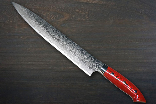 Takeshi Saji R2 Diamond Finish Damascus MCRB-NNM Japanese Chef's Slicer(Sujihiki) 270mm with Dark-Red Micarta Handle Nomura Special 