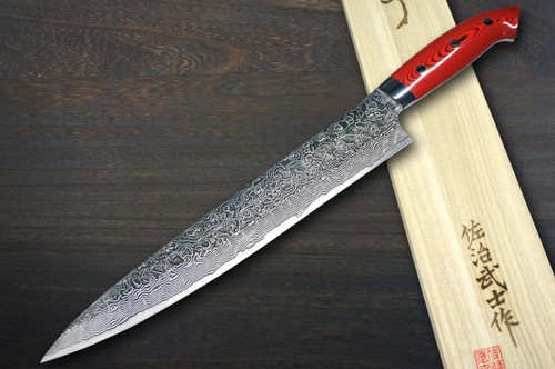 Takeshi Saji R2 Diamond Finish Damascus MCRB-NNM Japanese Chef's Slicer(Sujihiki) 270mm with Dark-Red Micarta Handle Nomura Special 