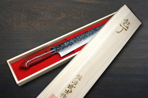 Takeshi Saji R2 Diamond Finish Damascus MCRB-NNM Japanese Chef's Slicer(Sujihiki) 270mm with Dark-Red Micarta Handle Nomura Special 