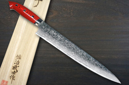 Takeshi Saji R2 Diamond Finish Damascus MCRB-NNM Japanese Chef's Slicer(Sujihiki) 240mm with Dark-Red Micarta Handle Nomura Special 